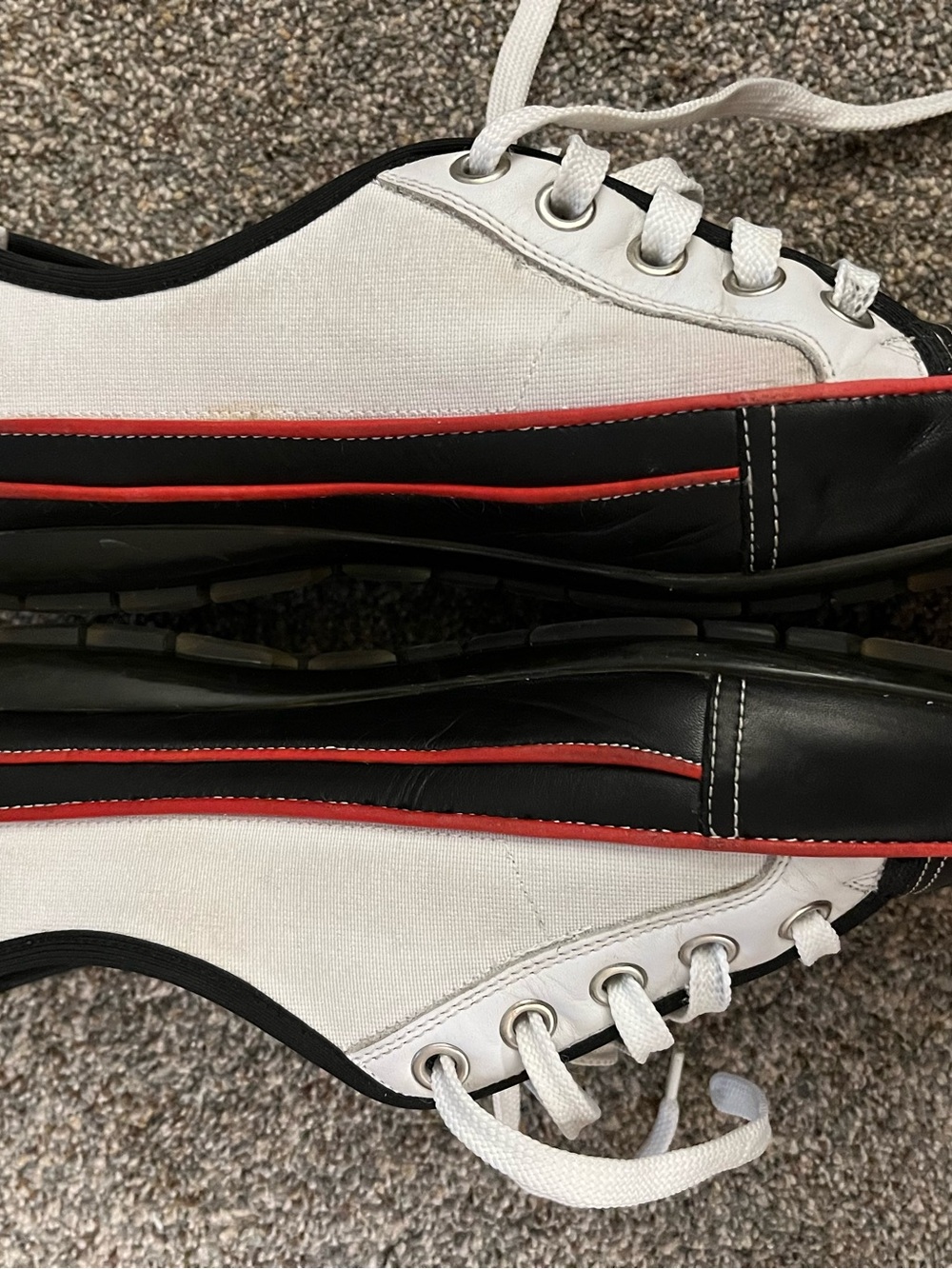 Donald J Pliner white canvas and black leather sneakers with red trim. - Picture 6 of 9